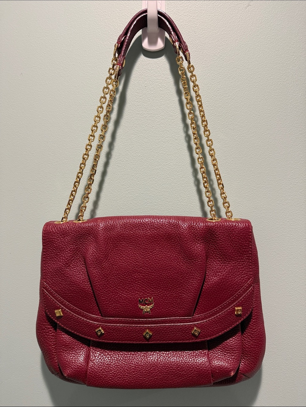MCM Burgundy Pebbled Leather Shoulder Bag with Gold Chain